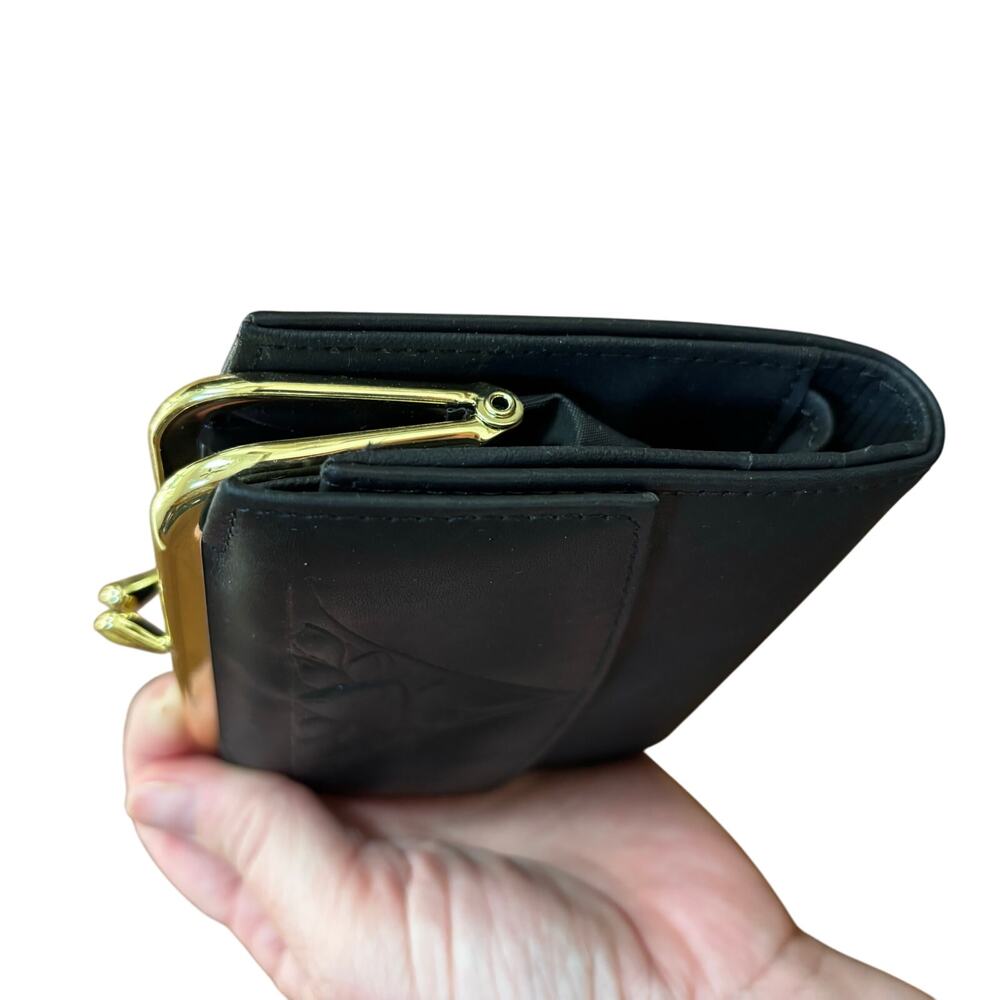 Vintage Rolfs black leather coin purse wallet embossed floral flap gold kisslock - Picture 3 of 10